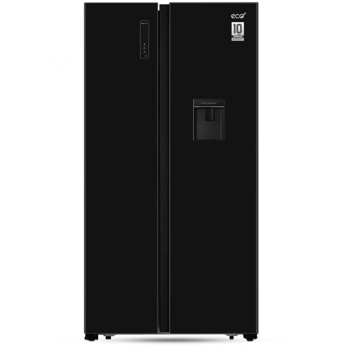 ECO+ 566 LITER SIDE BY SIDE GLASS DOOR FRIDGE BLACK WITH WATER DISPENSER